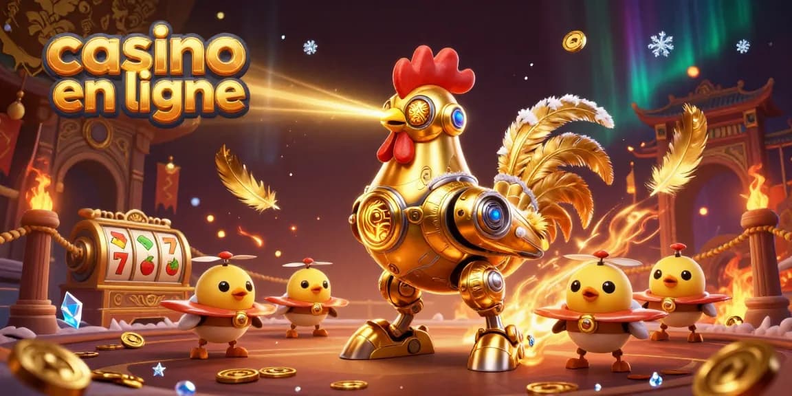 Image dynamique de casino en ligne avec le robot coq doré et des drones, représentant des jeux de machines à sous.