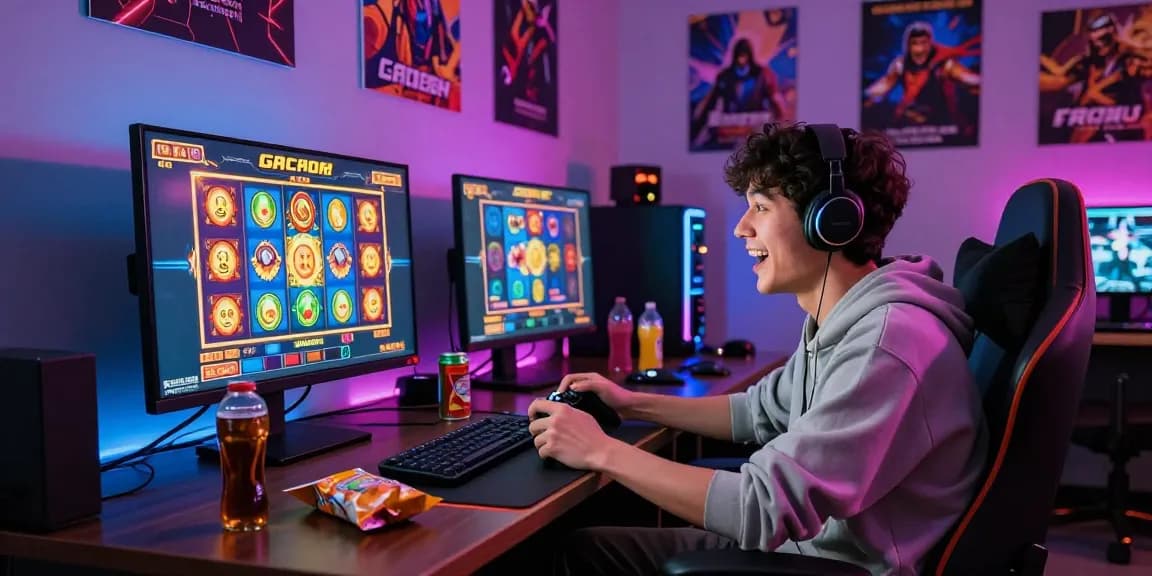 Excited player enjoying slot gacor games in a vibrant gaming atmosphere.