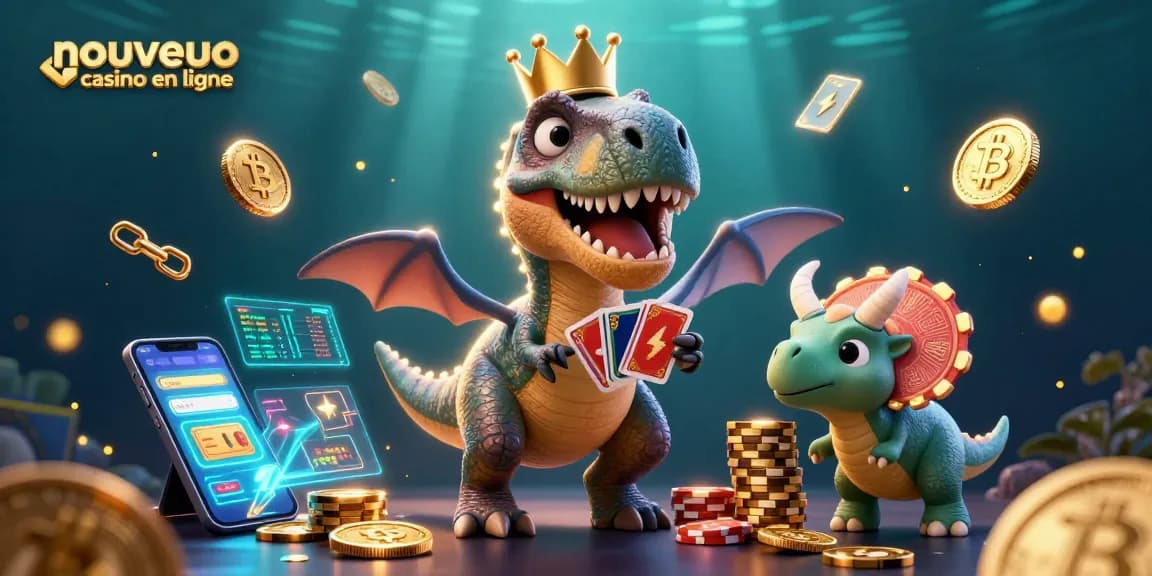 Jouez aux jeux de casino dans un nouveau casino en ligne avec des personnages colorés et des éléments de crypto-monnaie.