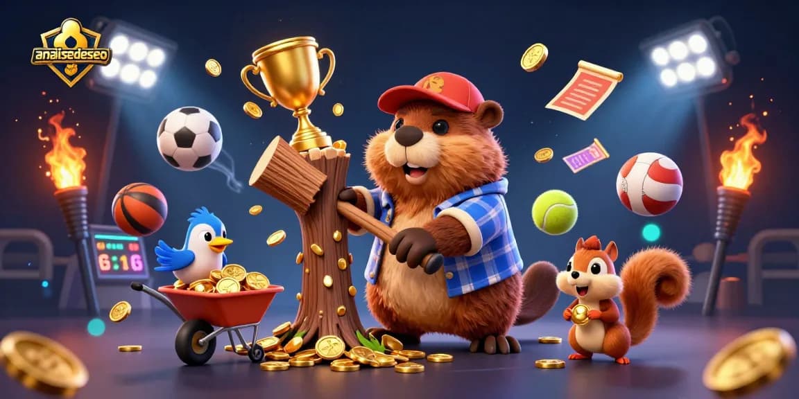 Engage with the thrilling world of analisedeseo, showcasing a beaver character collecting golden coins amidst dynamic sports betting elements.