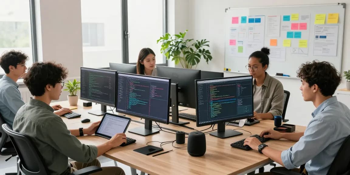 Developers collaborating at telegramin-cn.com workspace with monitors and creative tools in a bright office.