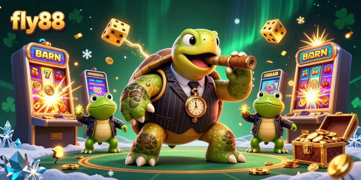 Experience excitement at fly88 with a vibrant 3D casino scene featuring charismatic characters, slots, and treasures.