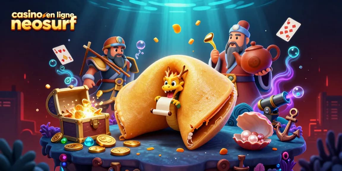 Jouez dans un casino en ligne Neosurf avec une scène animée de personnages et d'éléments de jeu.