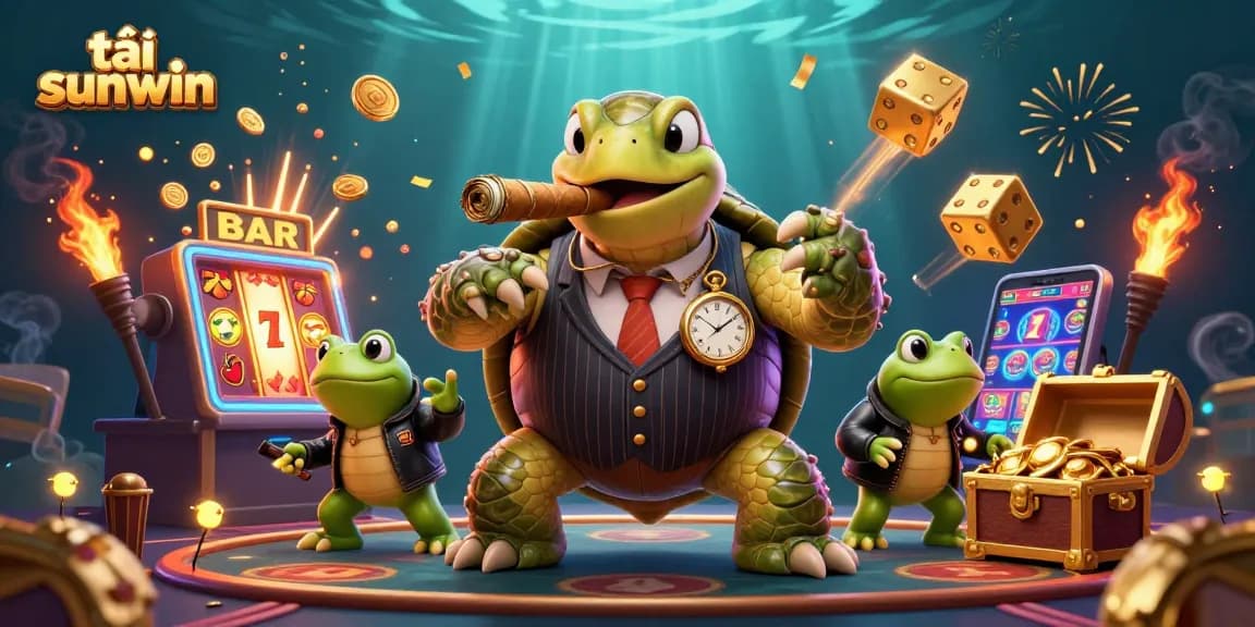 Engage with tải sunwin through an animated casino scene featuring a snapping turtle and slot machine adventure.