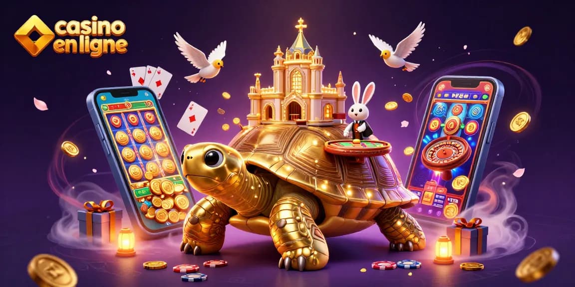 Casino en ligne avec une tortue dorée géante et un croupier lapin à une table de cartes.