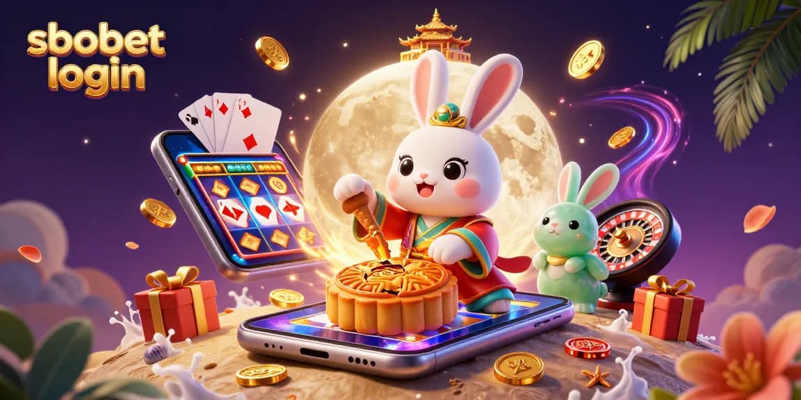Experience sbobet login through a dynamic scene with a moon rabbit and vibrant casino elements.