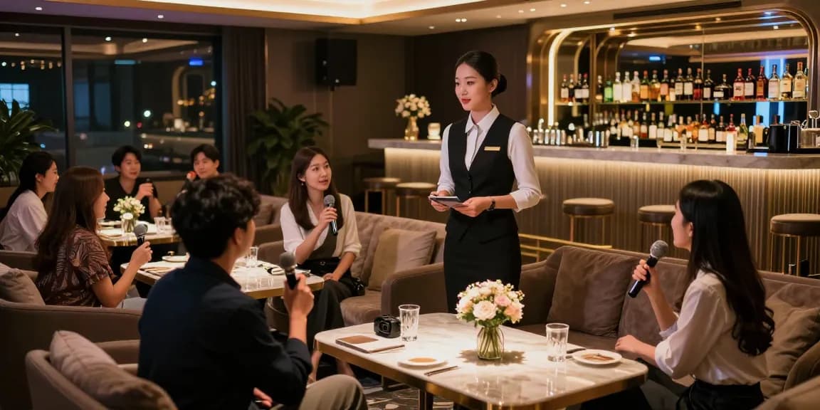 강남쩜오 프리미엄 가라오케에서의 사교 모임 모습, 프로 호스트와 고객의 상호 작용이 담긴 장면