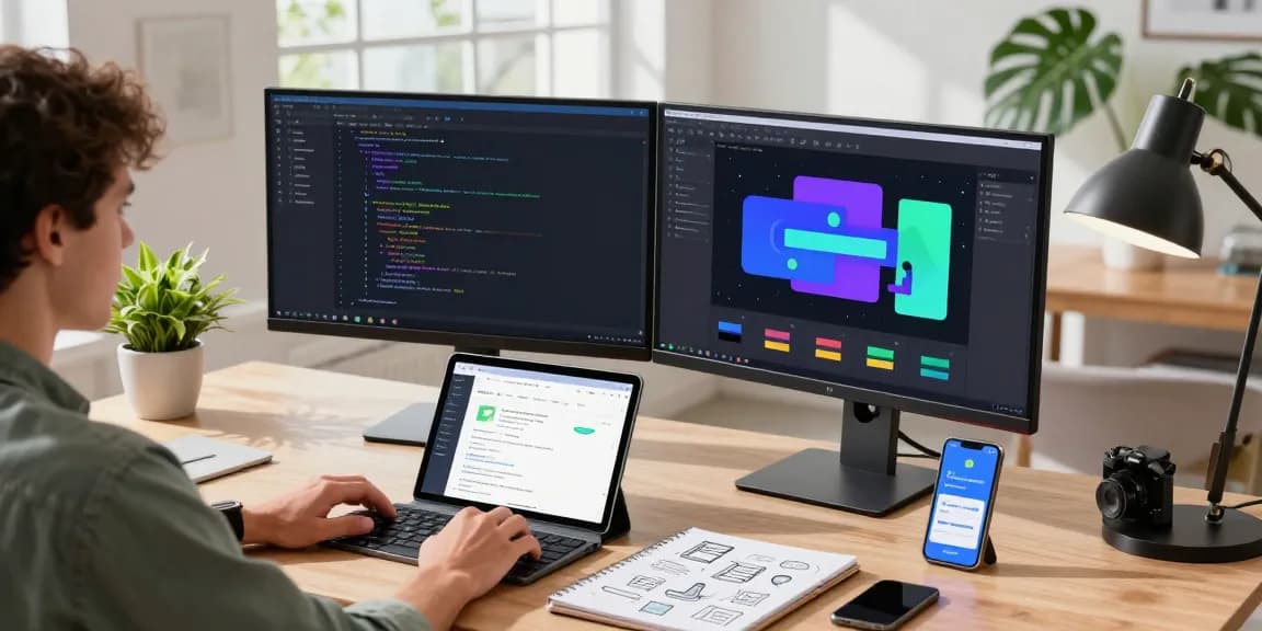 Developer focusing on Advanced Android animations and MotionLayout in a modern workspace, showcasing dynamic coding and UI design.