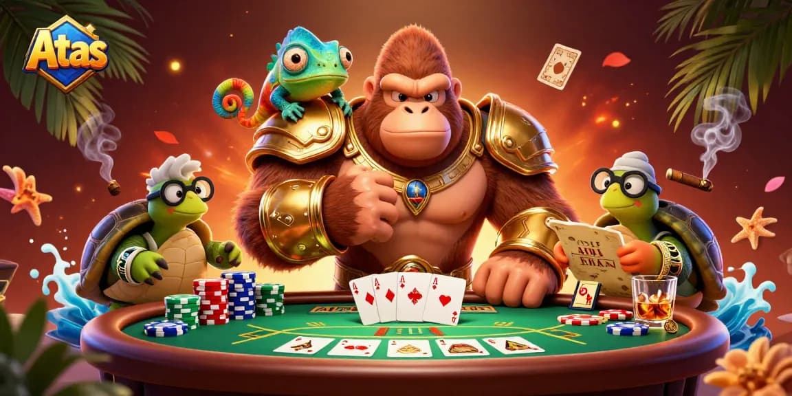 Atas casino scene showcasing a gorilla king and companions at a poker table with vibrant game elements.