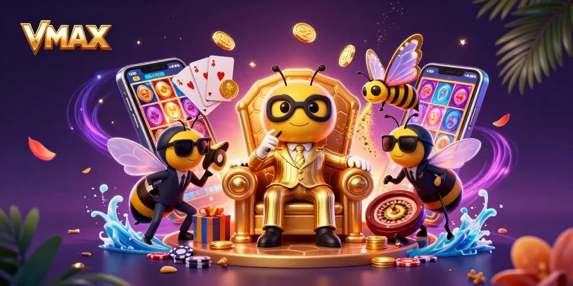Experience VMAX gambling action with buzzing characters and dynamic game elements creating a vibrant casino scene.