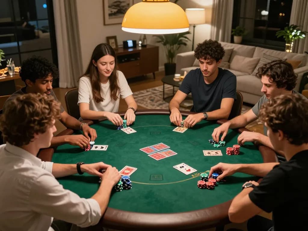 Friends enjoy a lively Texas Hold'em game at home, showcasing strategic gameplay at lc88 gathering.