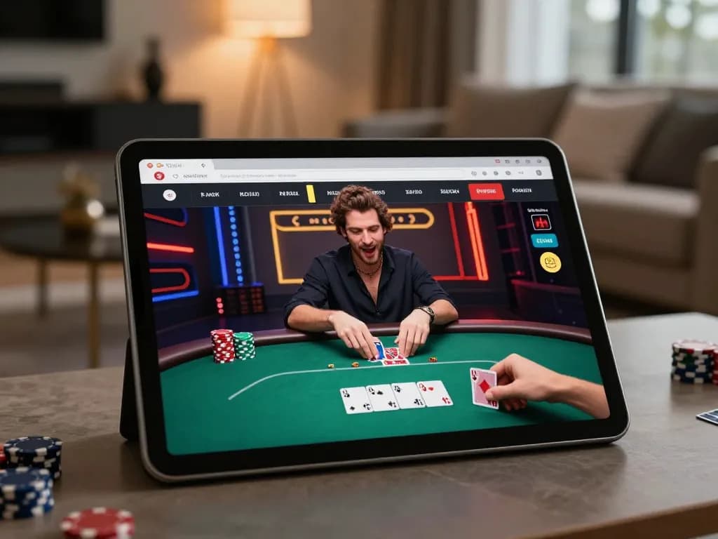 Player enjoying f8betz poker game on tablet in cozy home setting with chips visible