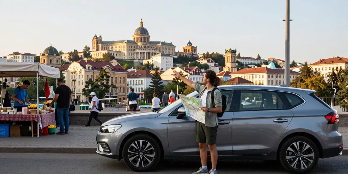 Traveler exploring Chișinău in a rental car, showcasing vibrant city landmarks and adventure spirit.
