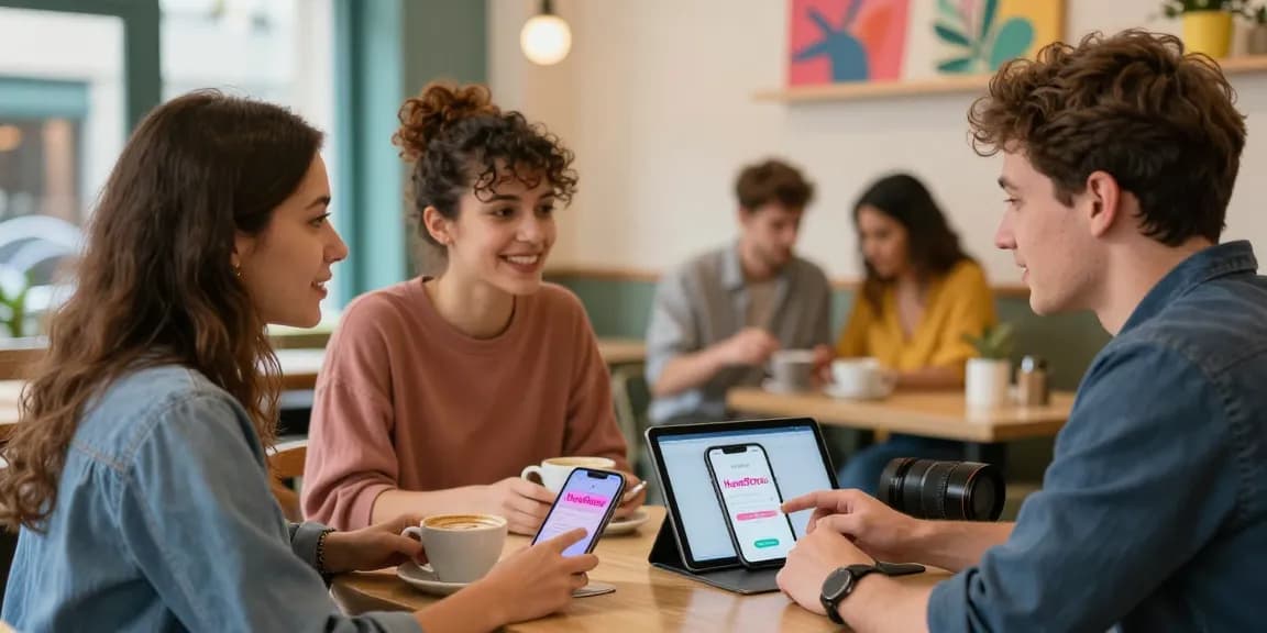 Singles connecting over coffee while using the HundRoses dating app in a cozy café setting.