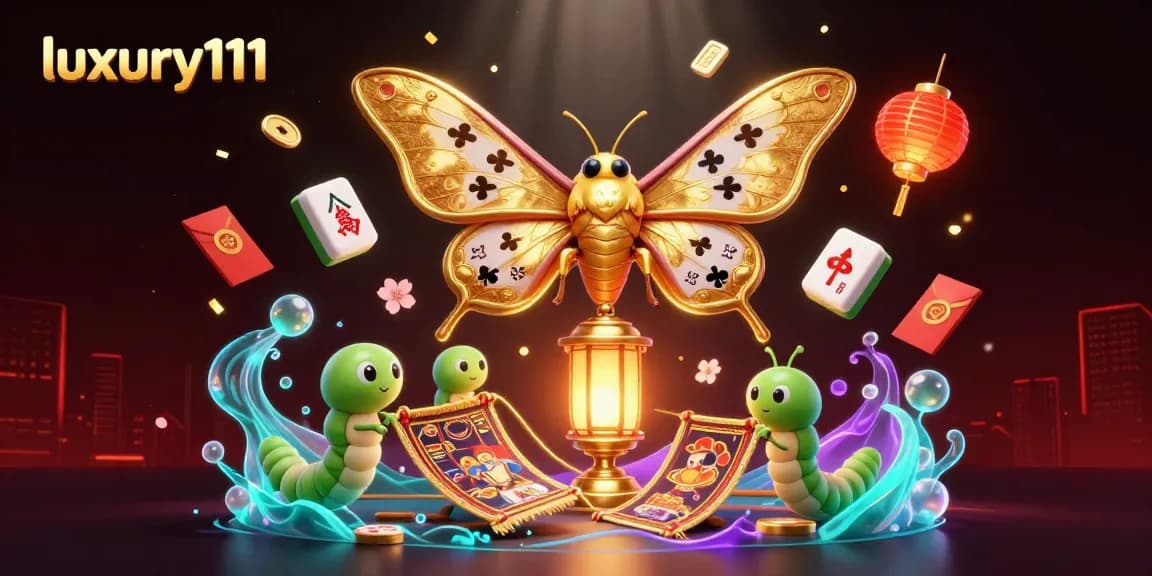 Experience the luxurious slots entertainment with luxury111 featuring a vibrant moth in a 3D casino scene.