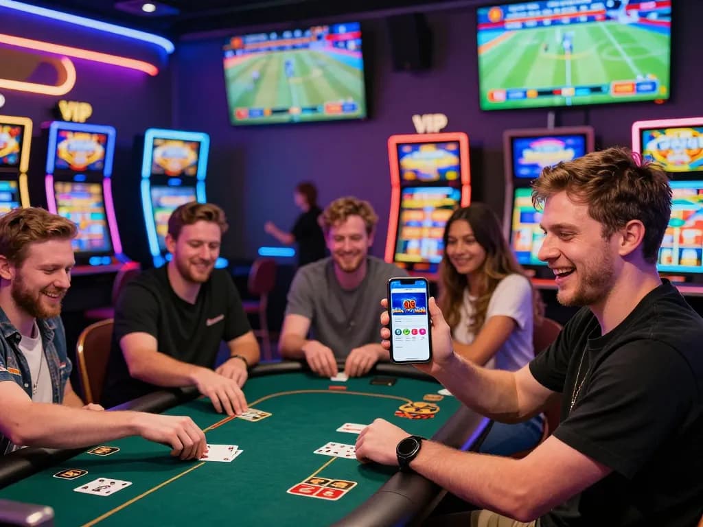 Exciting O8 online casino scene with diverse players celebrating wins in a vibrant virtual environment.