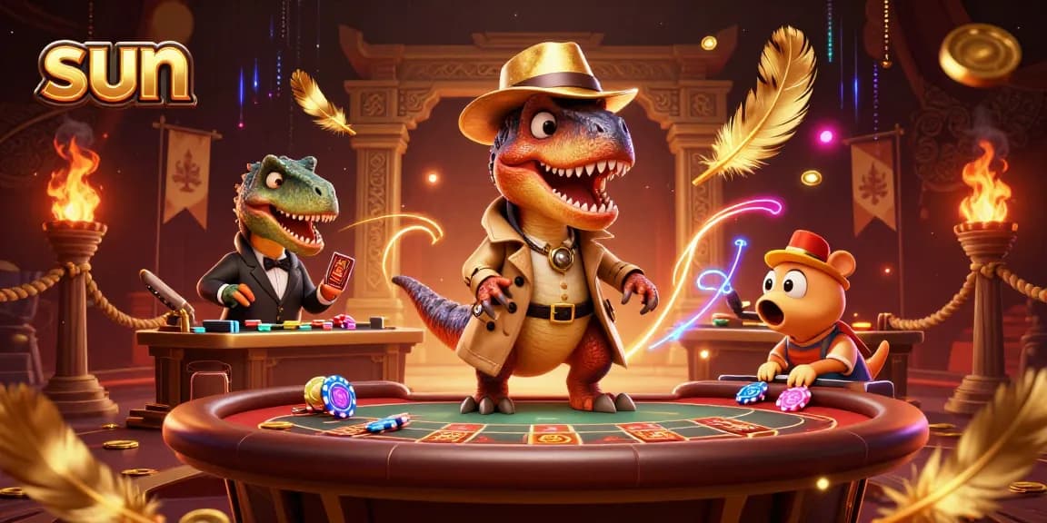 Sun-themed casino scene featuring a velociraptor card counter, adding excitement to the gambling atmosphere.
