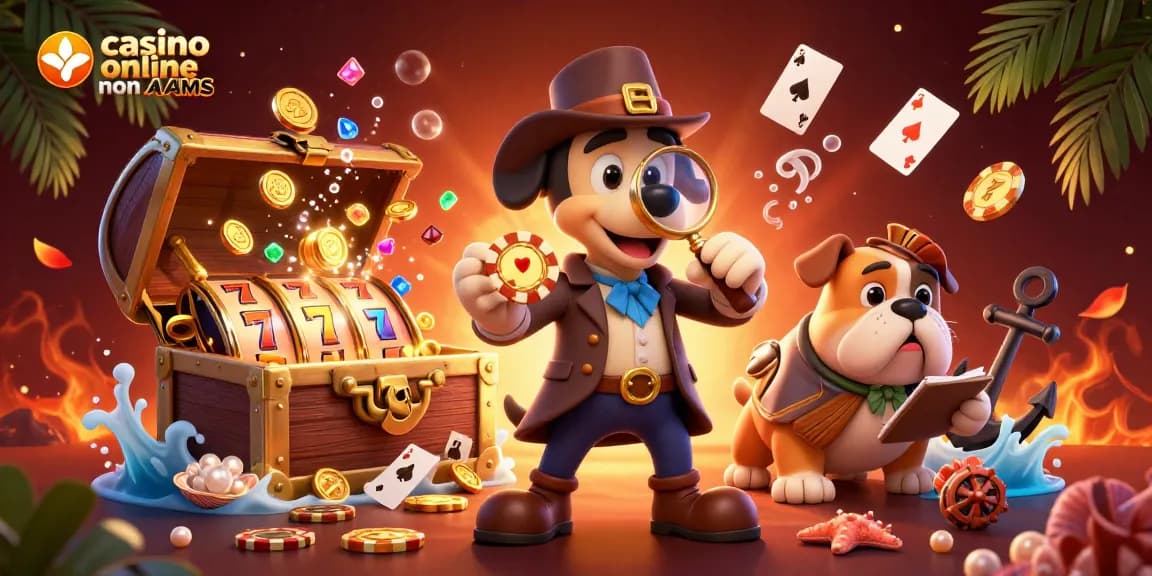 Illustrazione coinvolgente di un detective in un casinò online non AAMS, esplorando indizi tra simboli di slot vivaci e tesori.