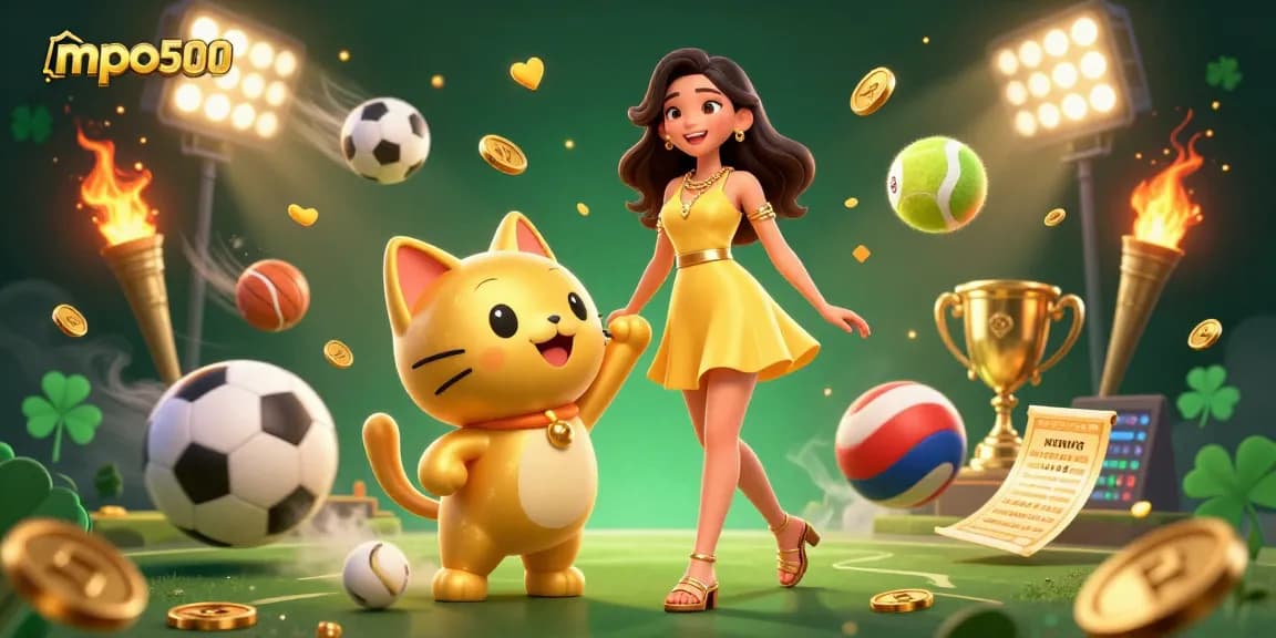 Experience excitement with mpo500 in a vibrant 3D illustration featuring betting and sports elements.