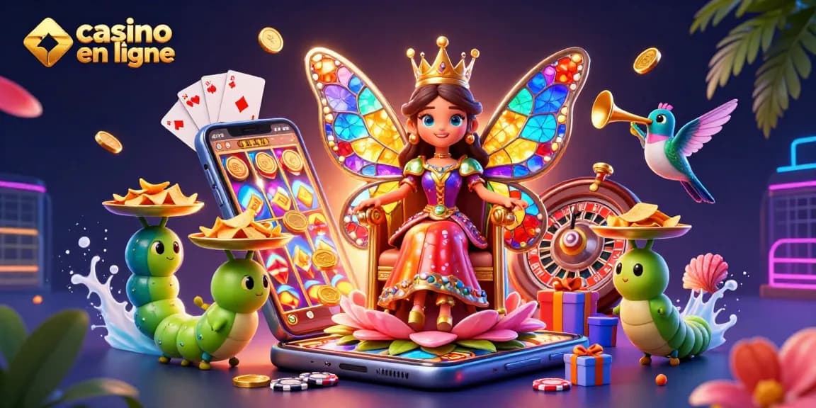 Casino en ligne : illustration d'une reine papillon entourée de jeux et jetons