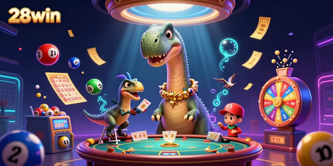 28win creates excitement playing poker with a giant dinosaur and colorful game elements.