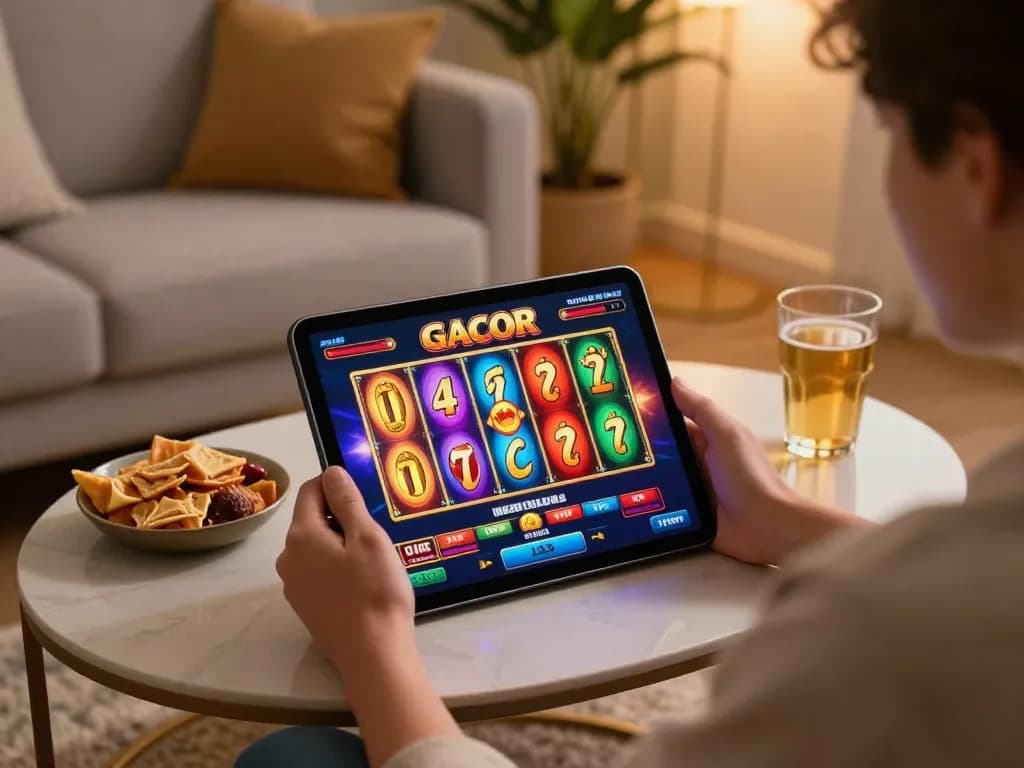 Engaging with slot gacor on a tablet in a cozy online casino setting.