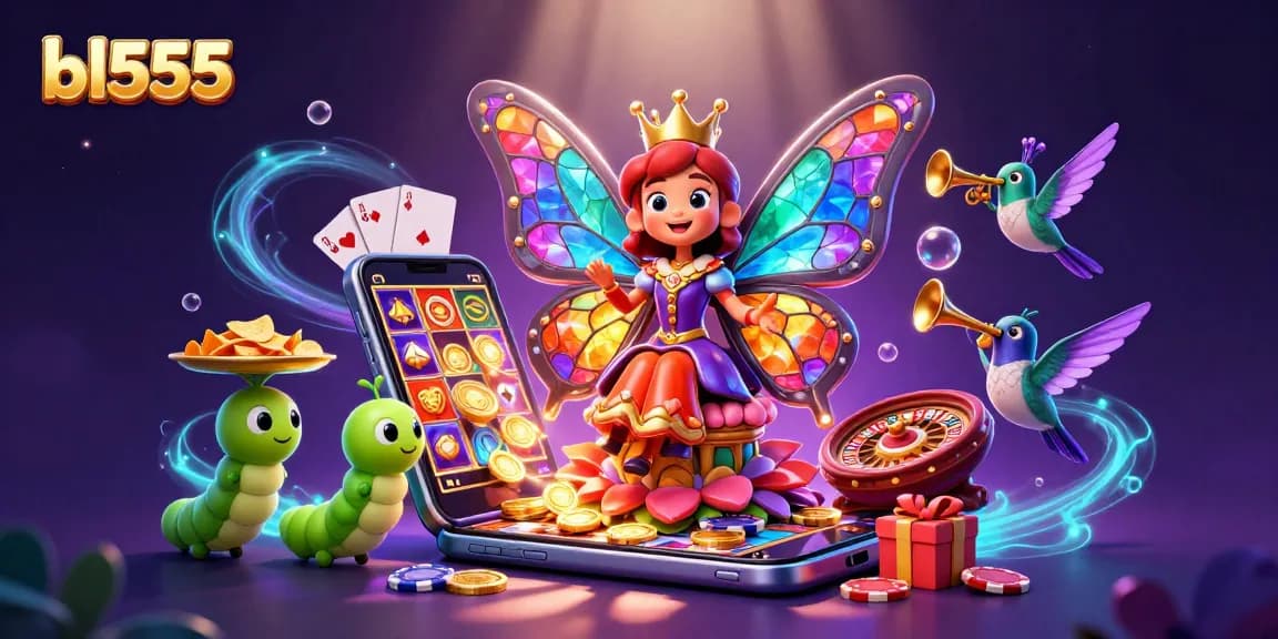 Experience the excitement of bl555 with vibrant 3D casino-themed illustration of games and winnings.