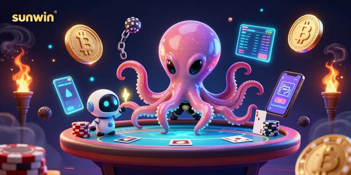 Experience sunwin's thrilling poker action with a vibrant 3D alien scene packed with game elements and crypto visuals.