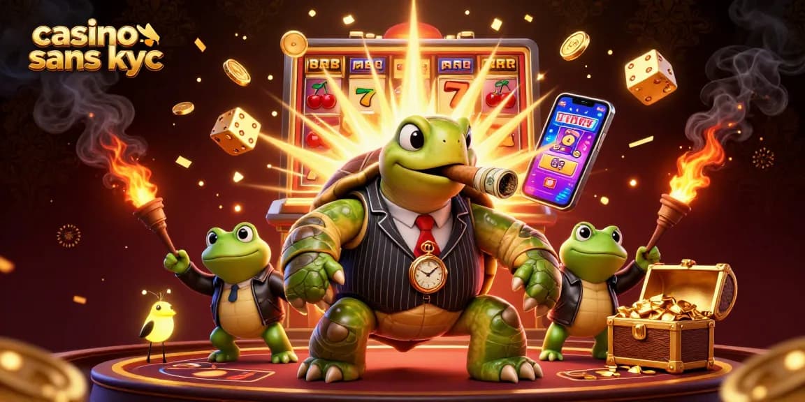 Jouez dans un casino sans KYC avec nos machines à sous flamboyantes et l'animation dynamique d'une tortue mafieuse.