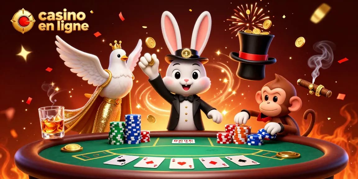 Gagnez avec le casino en ligne grâce à une illustration 3D captivante d'un magicien et un singe.