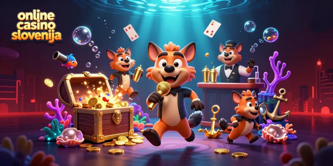 Interaktivna scena z online casino slovenija, ki prikazuje zabavne hiene in več iger na srečo.