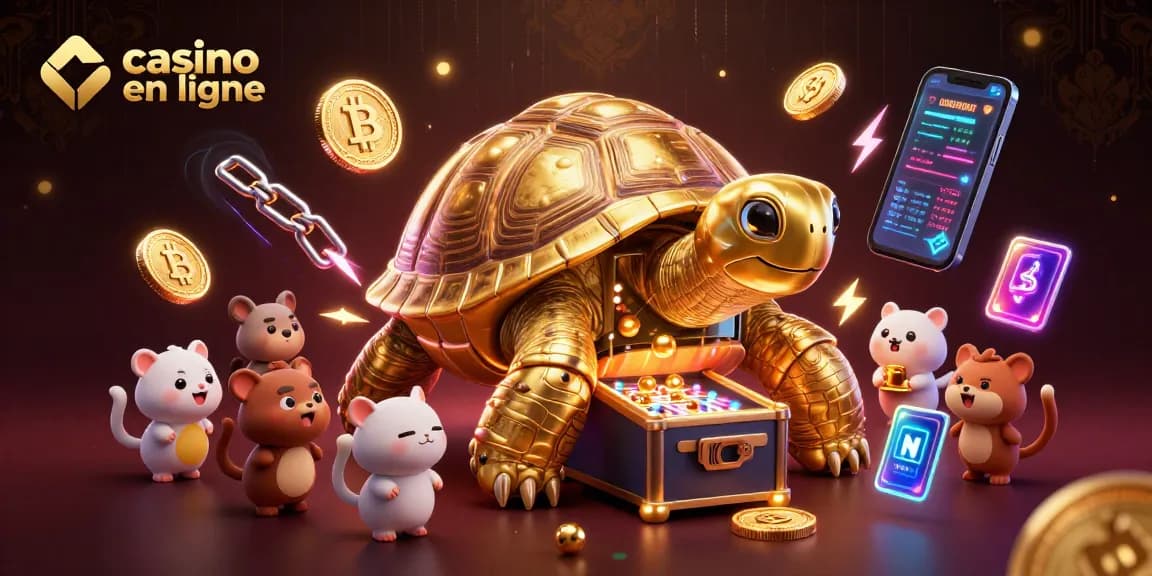 Jouer dans un casino en ligne avec une tortue en or, des balles et des cryptomonnaies animées