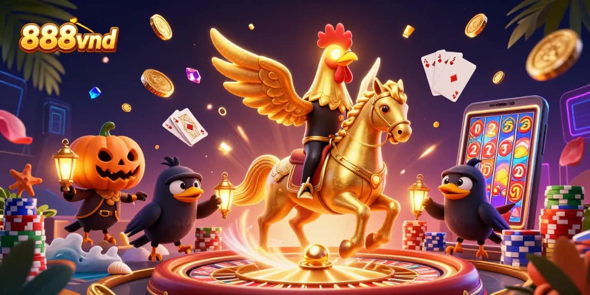 Win big with 888vnd in a vibrant, action-packed casino scene featuring golden elements and dynamic characters.