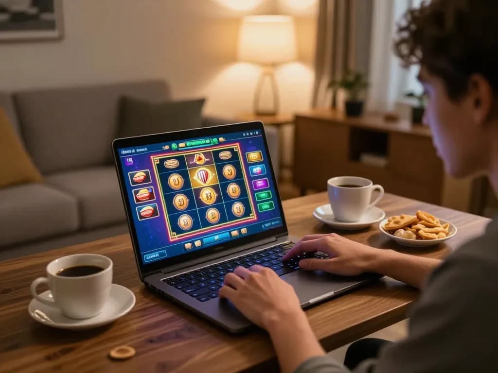 Person playing XX88 online slot games on laptop at home, showcasing a strategic gaming setup for responsible gambling