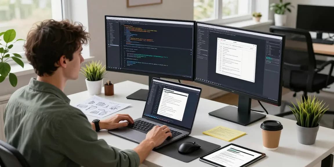 Engaged developer coding with 纸飞机中文版 on multiple screens in a modern tech workspace.