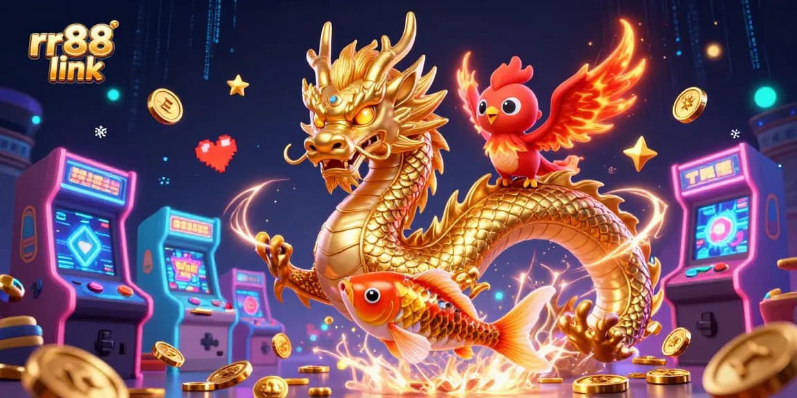 Engage in thrilling gameplay with the rr88 link as vibrant dragons and phoenixes celebrate online gambling.
