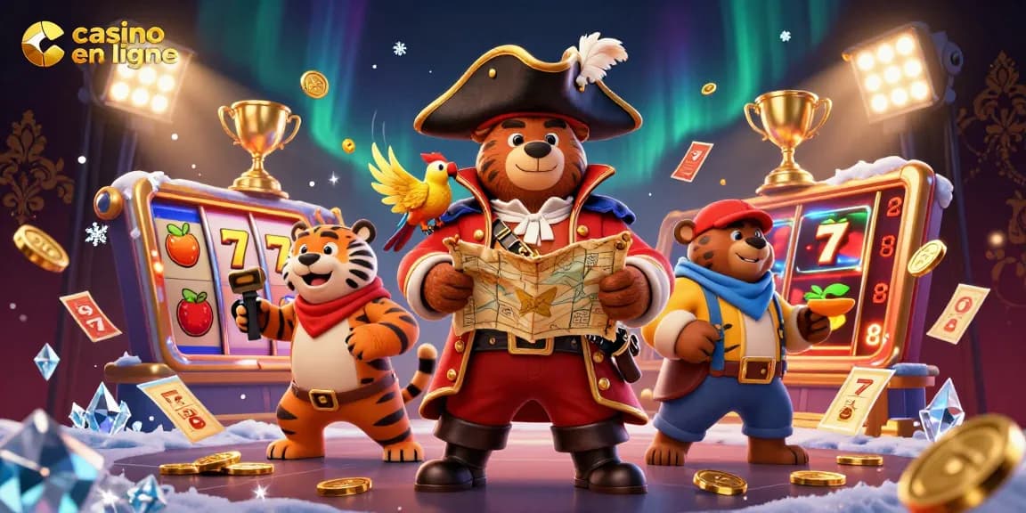 Plongez dans un monde de casino en ligne avec un ours pirate et ses compagnons, symboles de jeux et d'aventures.