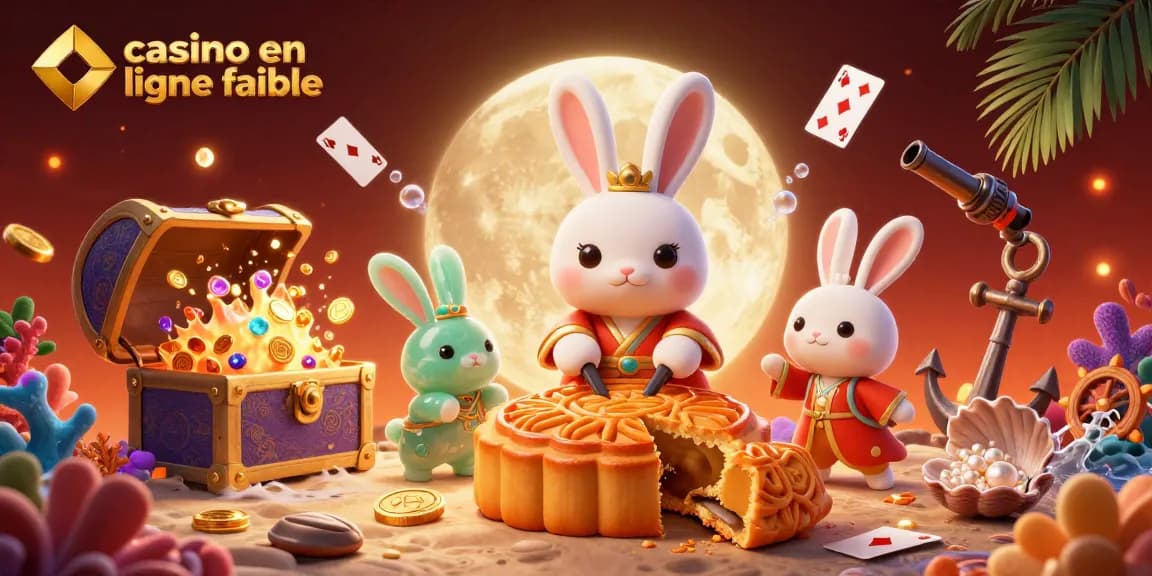 Casino en ligne fiable avec un lapin de lune et des pièces de poker dans une scène colorée.