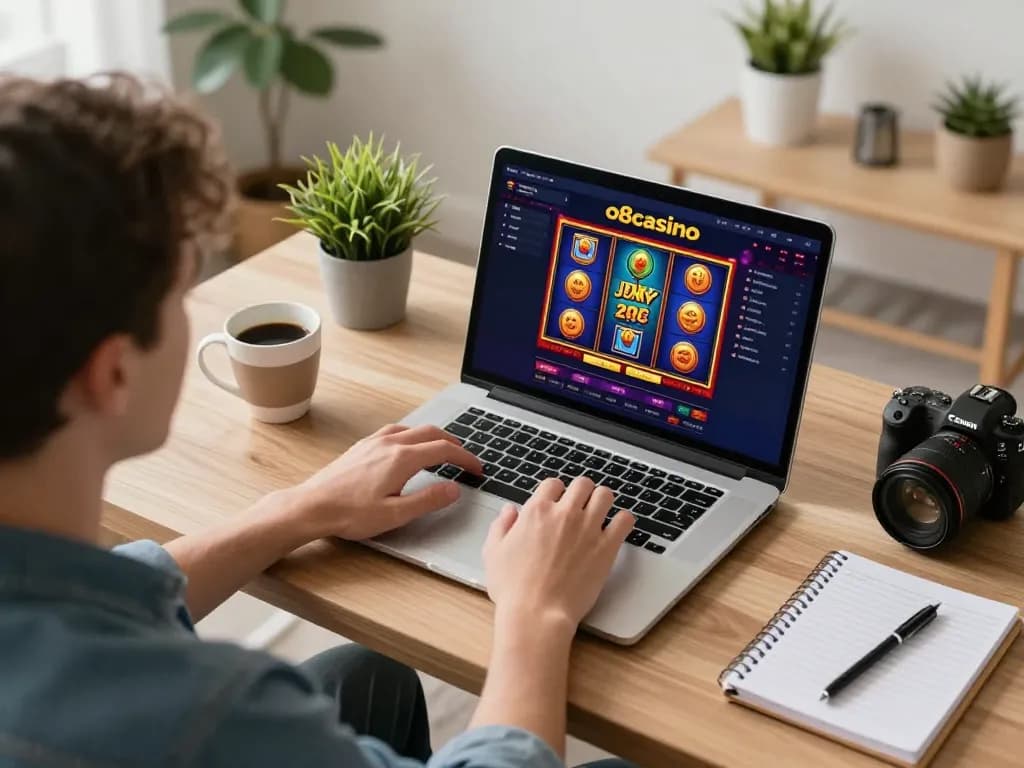 Playing exciting games on o8casino from a cozy home setup with a laptop and strategic notes.