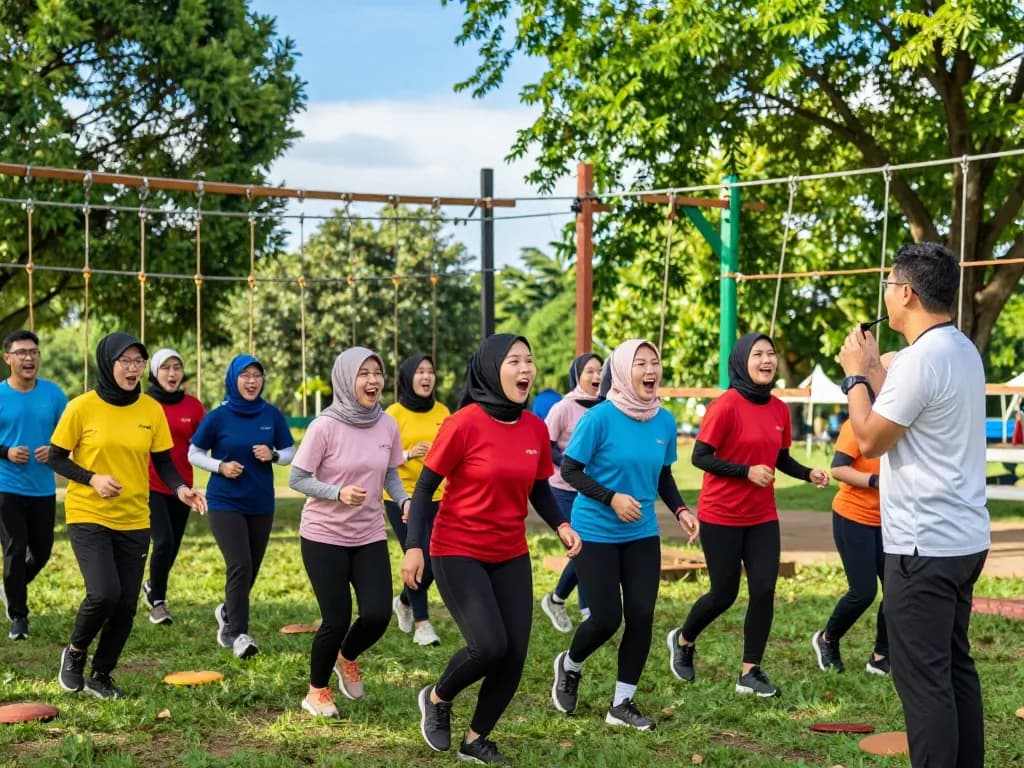 Kegiatan outbound jogja yang mendebarkan untuk membangun tim dengan berbagai peserta di lingkungan luar ruangan yang cerah.