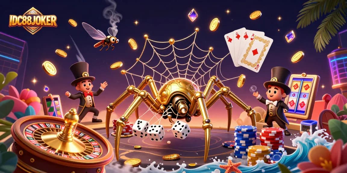 Experience thrilling casino action with IDC88JOKER's vibrant illustration featuring intricate golden spider and joyful gameplay.