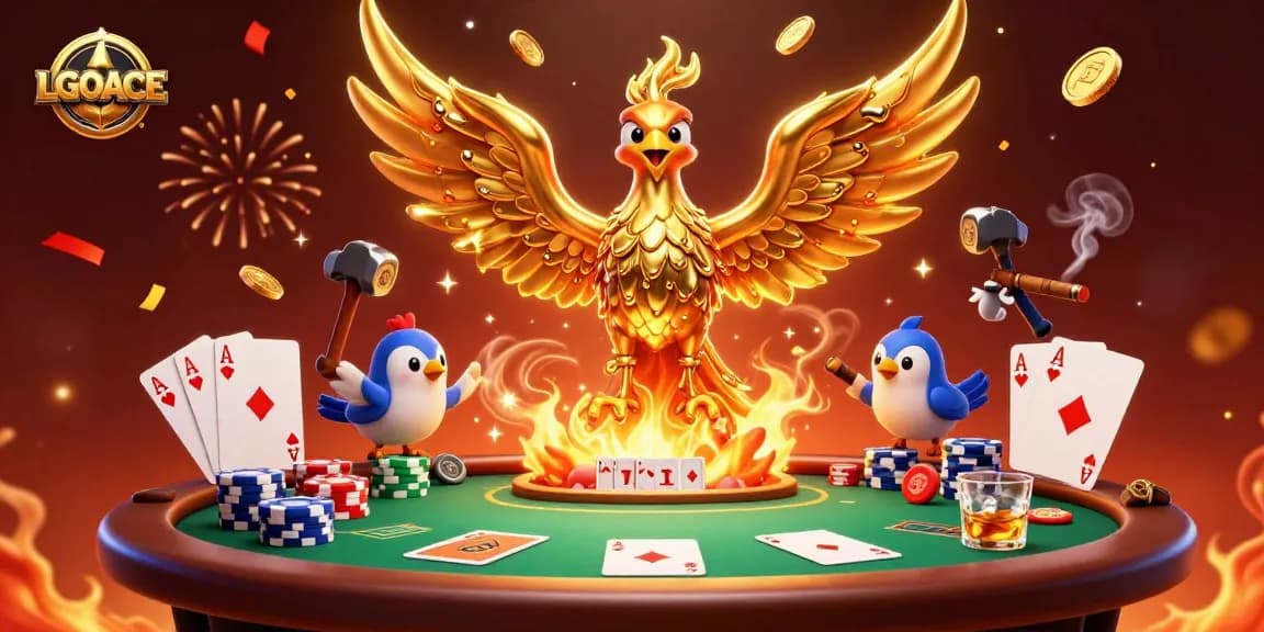LGOACE players compete at a vibrant poker table surrounded by golden phoenix magic.