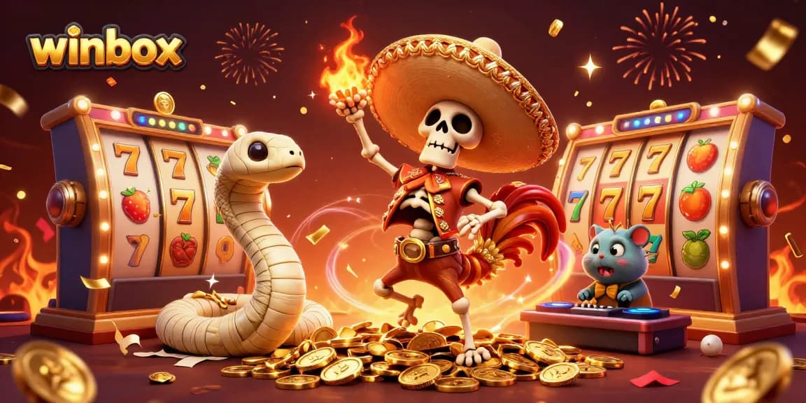Engage with winbox's thrilling slots experience featuring vibrant 3D characters celebrating on a pile of coins.