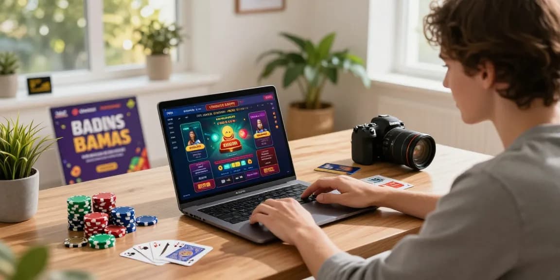 Engaged user at credit card casinos in a dynamic home office setting with gaming elements.