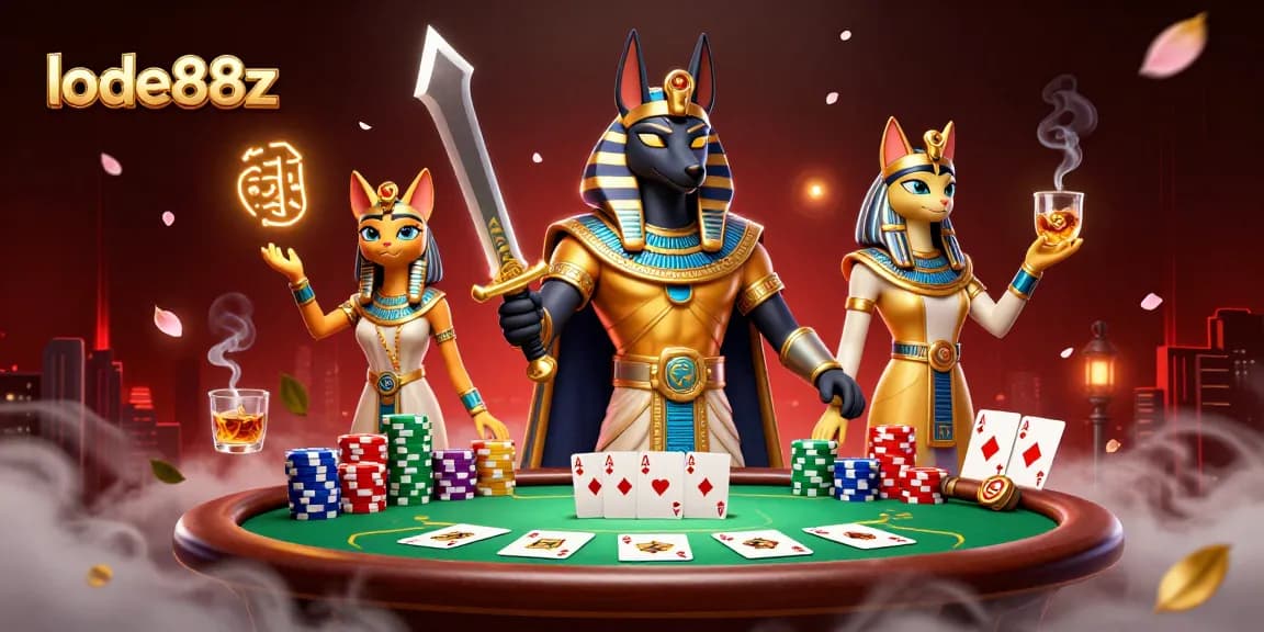 Join the excitement of lode88z as Anubis and Bastet play poker amid dazzling casino elements.