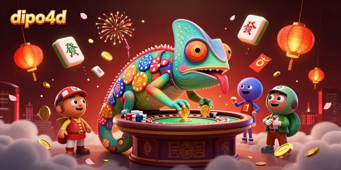 Experience thrilling gaming action with dipo4d, featuring vibrant chameleon characters and dynamic casino motifs.