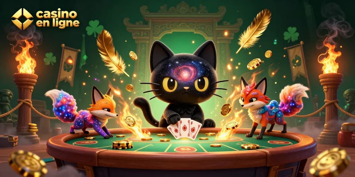 Casino en ligne avec un chat noir gravitationnel et renard nébuleux jouant aux jeux.