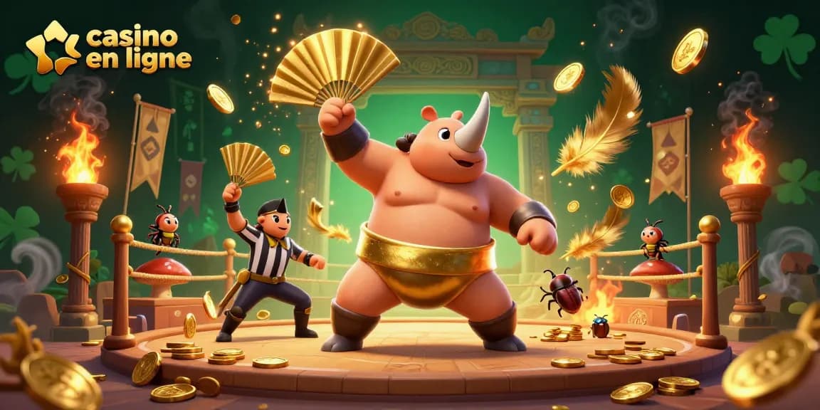 Scène animée de compétition de casino en ligne avec un rhinocéros et des spectateurs captivés.