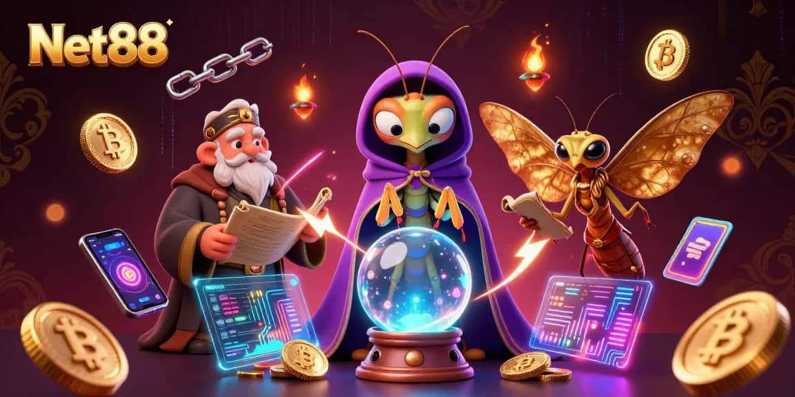 Engage with Net88's vibrant gambling realm through an enchanting illustration featuring fortune tellers and crypto elements.