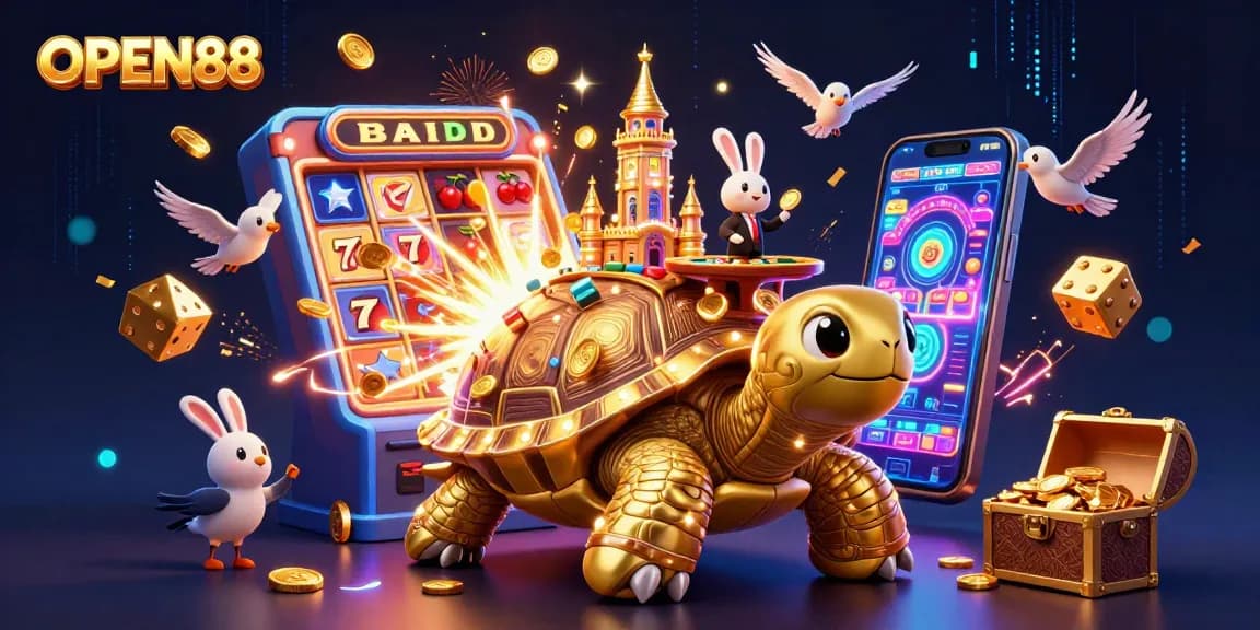 Experience the thrilling world of OPEN88 with vibrant casino elements and a golden tortoise theme.